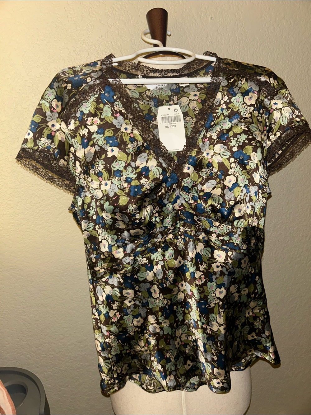 NWT 100% Silk NEXT Brown Floral V-Neck Babydoll Top with Lace Trim